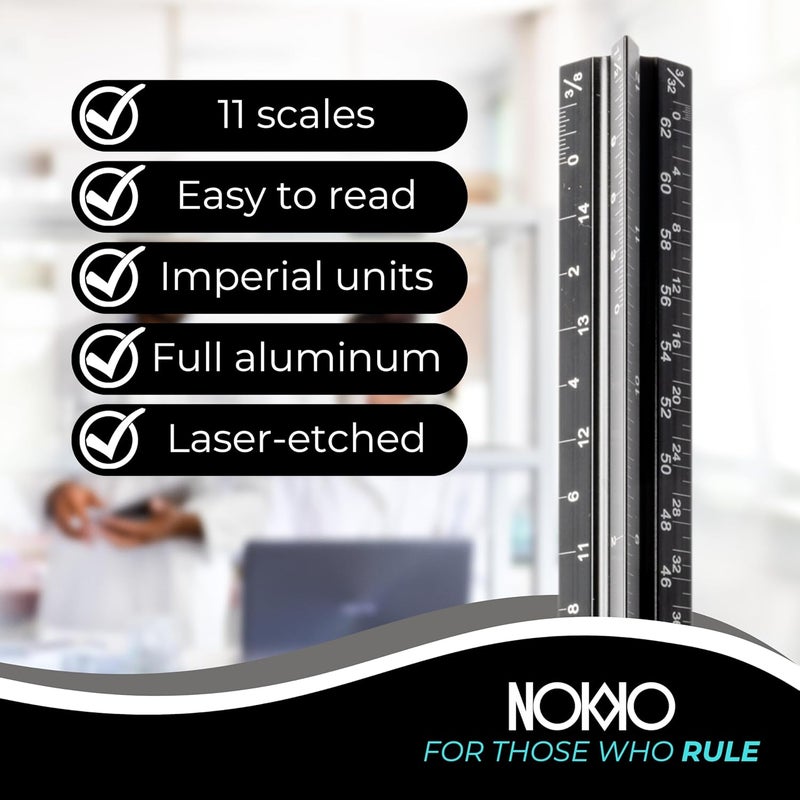 NOKKO 12 Inch Architectural Scale Ruler - Imperial Measurements, Professional Aluminum Drafting Tools for Architects, Engineers, Interior Designers, Students, and DIY Projects - Architecture Supplies - Image 2